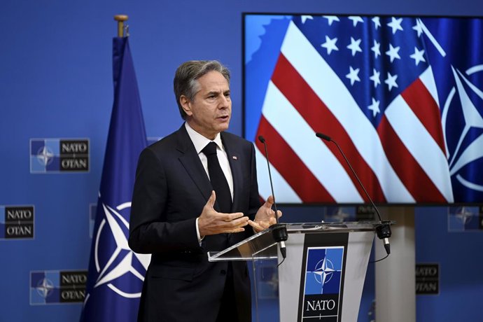 Archivo - 05 April 2023, Belgium, Brussels: US Secretary of State Antony Blinken speaks during a press conference at the NATO headquarters in Brussels, following the NATO Foreign Ministers meeting. Photo: Emmi Korhonen/Lehtikuva/dpa