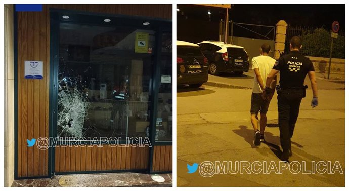 Imagen del estado en el que quedó el escaparate y del individuo detenido