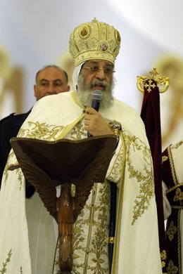 Archivo - 06 January 2019, Egypt, Cairo: Pope Tawadros II of Alexandria and Patriarch of the See of St. Mark, speaks during the Coptic Orthodox Christmas Eve Mass at the Cathedral of the Nativity of Christ in the new administrative capital. Photo: Ahmed