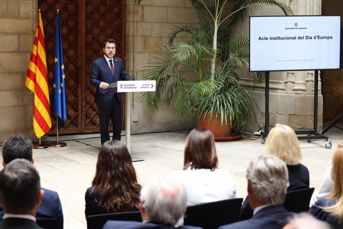 El presidente de la Generalitat, Pere Aragons, en el acto de conmemoración del Día de Europa, celebrado este martes en el Palau de la Generalitat.