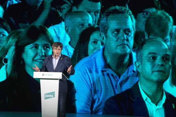 Archivo - El expresidente de la Generalitat, Carles Puigdemont, interviene durante el Congreso de su partido, en el Espace Jean Carrere,  a 4 de junio de 2022, en Argels-sur-Mer, Pirineos orientales, Occitania, (Francia). En esta cumbre de Argelers se 