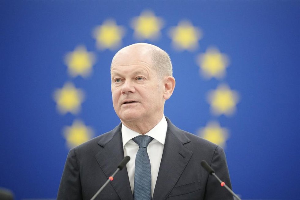 El canciller alemán, Olaf Scholz, se dirige al Parlamento Europeo este 9 de mayo de 2023.