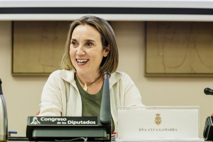 La secretaria general del PP, Cuca Gamarra, durante una jornada sobre el acceso de los menores a internet, en el Congreso de los Diputados, a 8 de mayo de 2023, en Madrid (España). 
