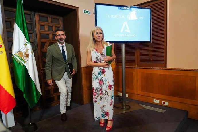 El consejero de Sostenibilidad, Medio Ambiente y Economía Azul y portavoz del Gobierno, Ramón Fernández Pacheco, y la consejera de Desarrollo Educativo y Formación Profesional, Patricia del Pozo al llegar a la rueda de prensa tras el Consejo de Gobierno 