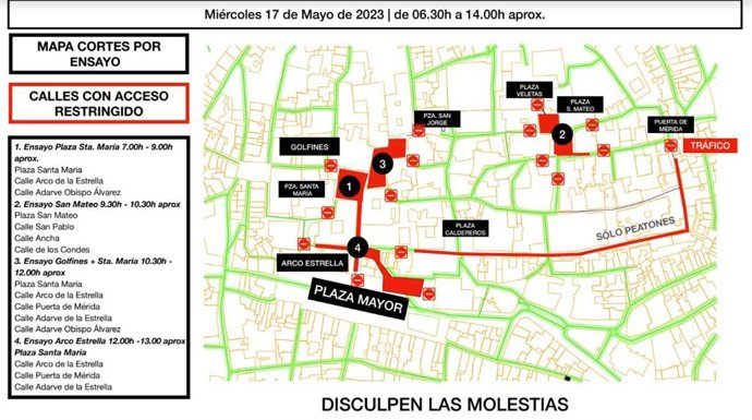 Zonas restringidas al tráfico rodado y peatonal durante los ensayos de La Casa del Dragón el  miércoles 17 de mayo
