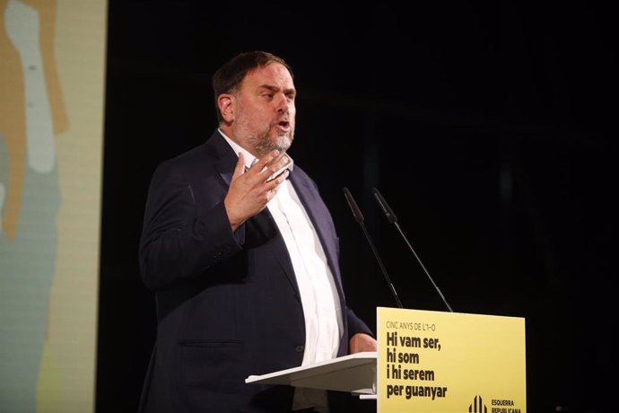 Archivo - El líder de ERC, Oriol Junqueras, durante el aniversario del 1-O, a 30 de septiembre de 2022, en San Carles de La Rpita, Tarragona. Archivo.