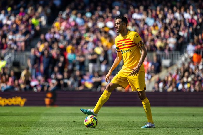 Sergio Busquets of FC Barcelona in action during the spanish league, La Liga Santander, football match played between FC Barcelona and Atletico de Madrid at Spotify Camp Nou stadium on April 23, 2023, in Barcelona, Spain.