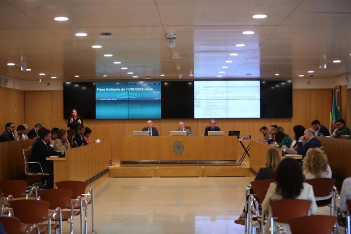 El presidente de la Diputación de Sevilla, Fernando Rodríguez Villalobos (c), durante la jornada de Pleno. 