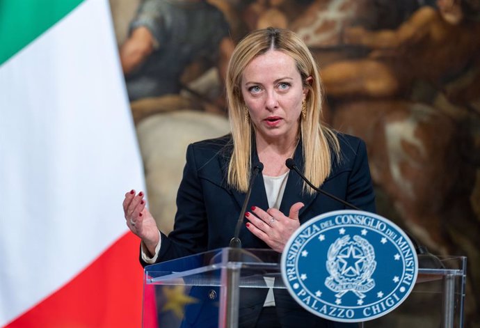 02 May 2023, Italy, Rome: Italian Prime Minister Giorgia Meloni speaks during a press conference with Austrian Chancellor Karl Nehammer (Not Pictured) after their meeting. Photo: Georg Hochmuth/APA/dpa