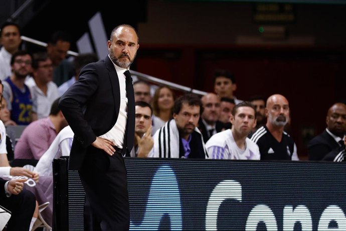 Chus Mateo, head coach of Real Madrid, looks on during the Turkish Airlines Euroleague, Playoff C, basketball match played between Real Madrid and Partizan Mozzart Bet Belgrade Roster at Wizink Center pavilion on May 10, 2023 in Madrid, Spain.