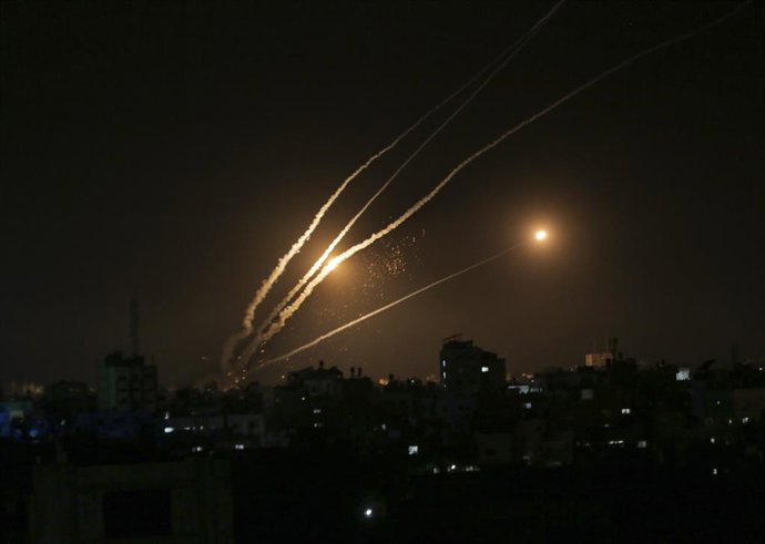 May 10, 2023, Gaza City, The Gaza Strip, Palestine: Rockets are fired by fighters of the Al-Quds Brigades, the armed wing of the Palestinian Islamic Jihad in the east of Gaza City, 10 May 2023. Israel's army and Gaza militants traded heavy cross-border 