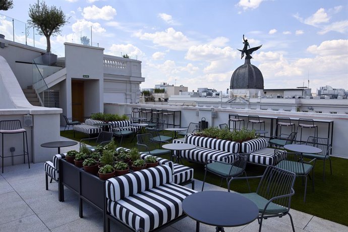 Archivo - La terraza del hotel Pestana CR7, en el día de su apertura, en Gran Vía, 29, a 7 de junio de 2021, en Madrid (España). 