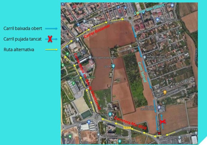Mapa del corte del carril de subida del Camí Salard en sentido al Rafal Nou debido a las obras del vial cívico del Camí Salar