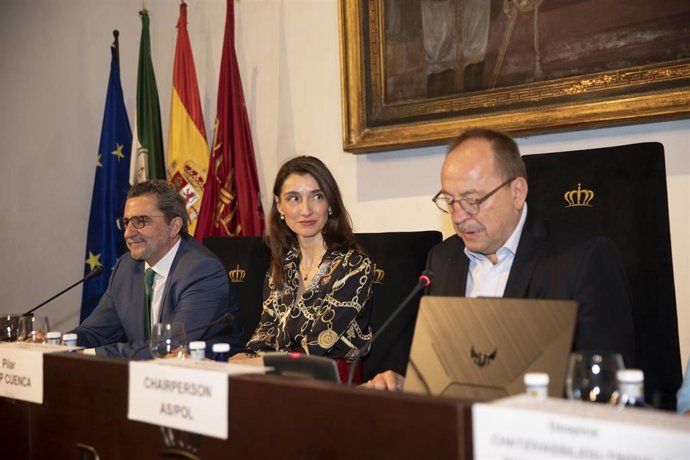 El senador y presidente de la Delegación Española en la Asamblea Parlamentaria, Antonio Gutiérrez Limones, la ministra de Justicia, Pilar Llop, y el presidente de la Comisión Politica del Consejo de Europa, Zsolt Nemeth, este jueves en Sevilla. 