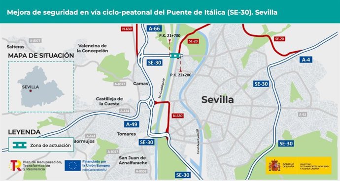 Plano de la ubicación del puente de Itálica sobre el que actuará el Ministerio de Transportes.