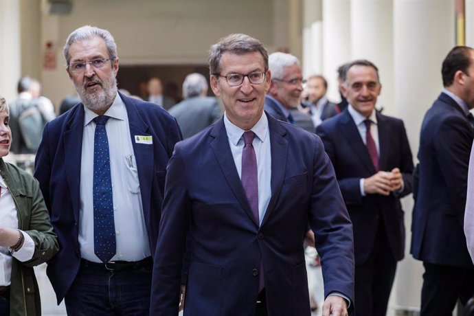 El presidente del Partido Popular, Alberto Núñez Feijóo, a su llegada a una sesión de control al Gobierno en el Senado, a 18 de abril de 2023, en Madrid (España). 