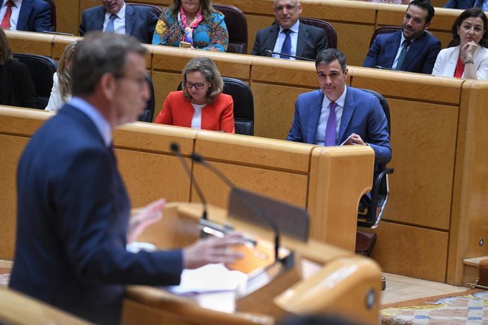 La vicepresidenta primera y ministra de Asuntos Económicos y Transformación Digital, Nadia Calviño, y el presidente del Gobierno, Pedro Sánchez, durante un pleno del Senado
