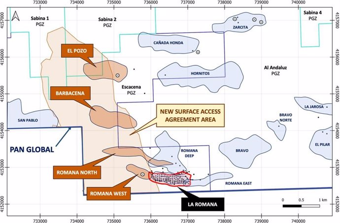 Figure 1 - Escacena Project Map highlighting the area covered by the new surface access agreement and target locations, including the La Romana discovery.