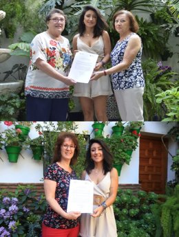 Cintia Bustos entrega los galardones a la 'Planta Singular de los Patios de Córdoba', ex aequo, al conjunto de verodes en el número 8 de la calle Parras y al filodendro del número 10 de la calle Céspedes.