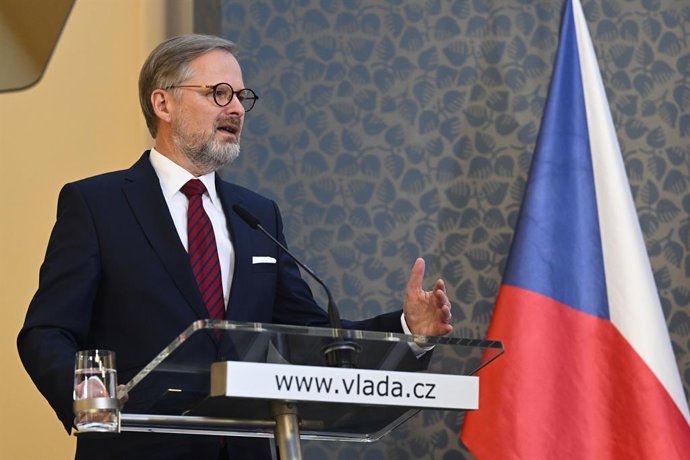 11 May 2023, Czech Republic, Prague: Czech Prime Minister Petr Fiala, speaks during the government's press conference on potential pensions and tax reforms. Photo: Deml Ondej/CTK/dpa