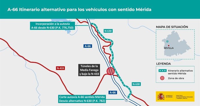Mapa con los tramos kilométricos en los que se realizarán los cortes de tráfico en la A-66.