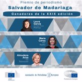 Foto: UE.- Laura García (Europa Press), María Carou (RNE) y Almudena Ariza (TVE), Premios de Periodismo Salvador de Madariaga