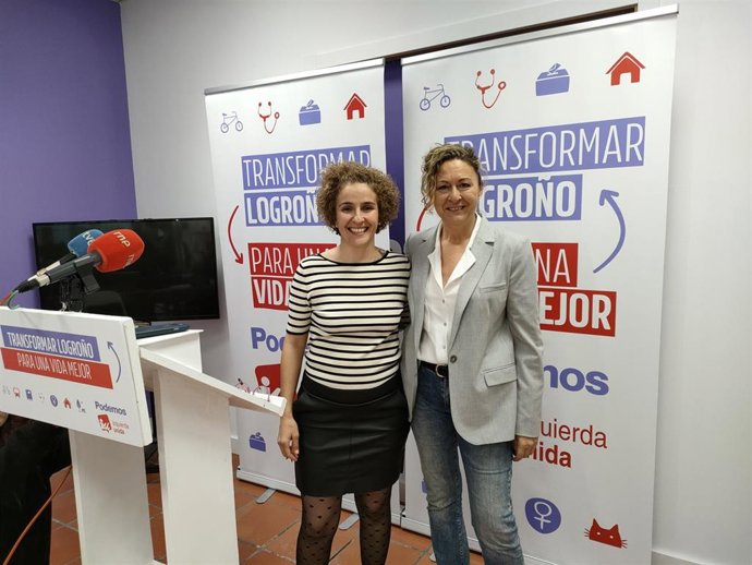 Las números uno y dos de la coalición Podemos Izquierda Unida al Ayuntamiento de Logroño, Amaia Castro y Eunate García en comparecencia de prensa