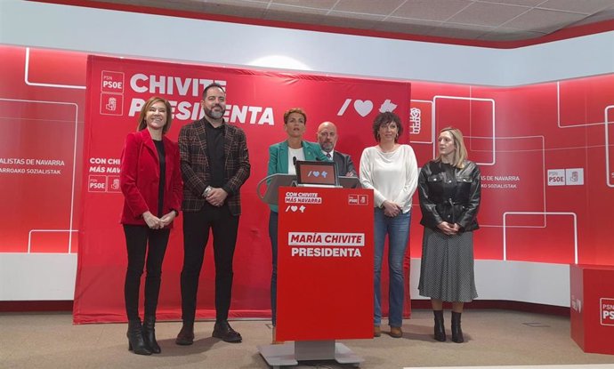 La candidata del PSN a la Presidencia del Gobierno de Navarra, María Chivite, en la rueda de prensa