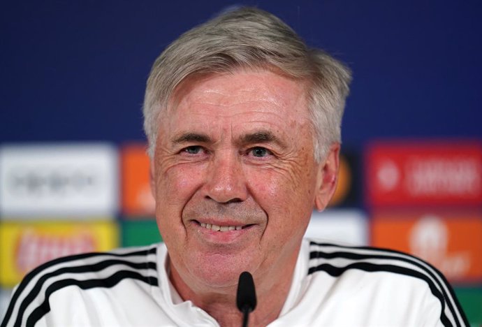 08 May 2023, Spain, Madrid: Real Madrid manager Carlo Ancelotti attends a press conference at the Ciudad Real Madrid Training Centre, ahead of Tuesday's UEFA Champions League semi final soccer match against Manchester City. Photo: Nick Potts/PA Wire/dpa