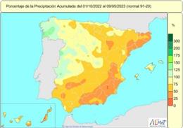 Mapa de lluvias acumuladas en España en el año hidrológico 2022-2023, desde el 1 de octubre de 2022 hasta el 9 de mayo de 2023.