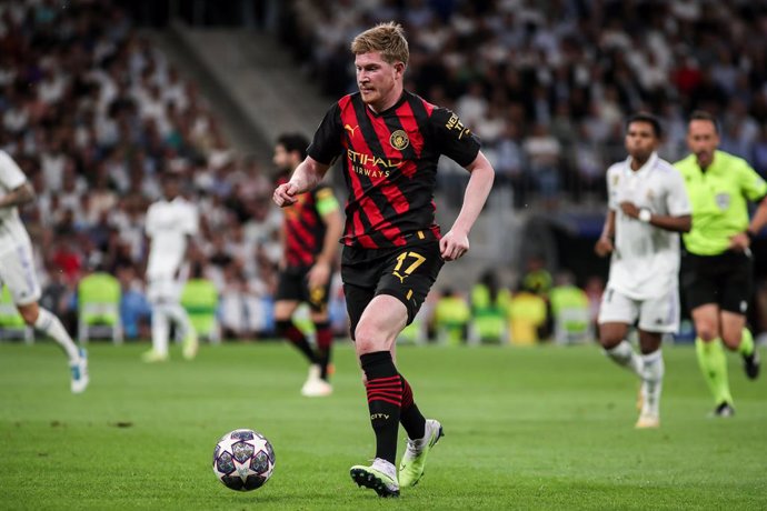 Kevin De Bruyne of Manchester City in action during the UEFA Champions League, Semi Finals, football match played between Real Madrid and Manchester City at Santiago Bernabeu Stadium on May 09, 2023 in Madrid, Spain.
