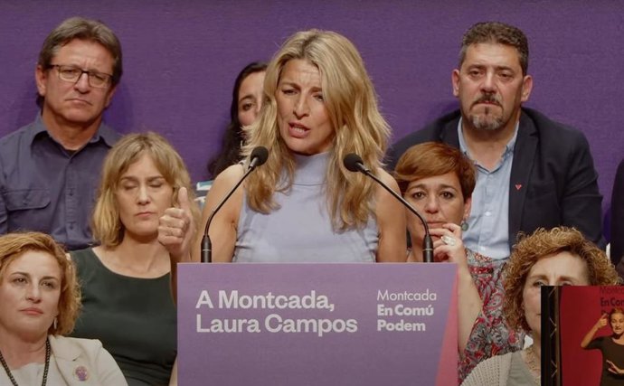 La vicepresidenta segunda del Gobierno y ministra de Trabajo, Yolanda Díaz, en un acto de campaña de En Comú Podem en Montcada i Reixac (Barcelona).