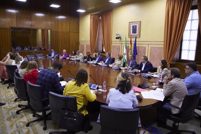Detalle de la mesa durante la reunión del líder del PSOE-A, Juan Espadas, con miembros de la FAMP y representantes de los servicios sociales y dependencia en el Parlamento de Andalucía, a 20 de abril de 2023 en Sevilla (Foto de archivo). 