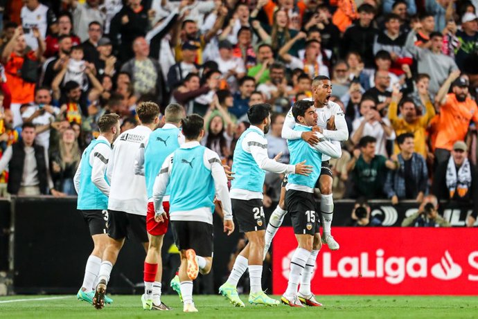 Samuel Lino of Valencia celebrates a goal with teammates during the spanish league, La Liga Santander, football match played between Valencia CF and Villarreal at Mestalla stadium on May 3, 2023, in Valencia, Spain.
