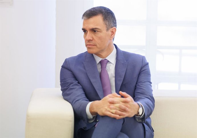 El presidente del Gobierno, Pedro Sánchez, durante una reunión con el secretario general de Naciones Unidas, en el Palacio de la Moncloa, a 8 de mayo de 2023, en Madrid (España). El encuentro tiene lugar en el marco de una breve visita de Guterres a Esp