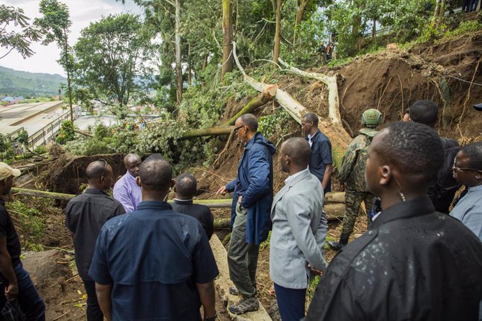 RUBAVU, May 13, 2023  -- Rwandan President Paul Kagame inspects the rainfall disaster at a tea factory in Rubavu, Rwanda, May 12, 2023. Rwandan President Paul Kagame on Friday visited areas in Rubavu District of Western Province that were heavily affected