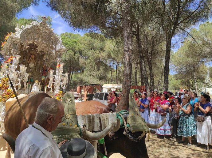 La carreta del Simpecado del Rocío de la Macarena, en su camino hacia la aldea almonteña.