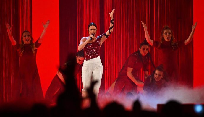 13 May 2023, United Kingdom, Liverpool: Blanca Paloma (C) from Spain sings "Eaea" at the final of the 67th Eurovision Song Contest (ESC) at the M&S Bank Arena. 