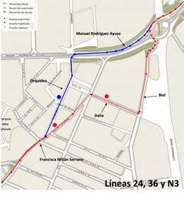 Las líneas 24, 36 y N3 modifican a partir del lunes 15 de mayo su recorrido en sentido Valdefierro.