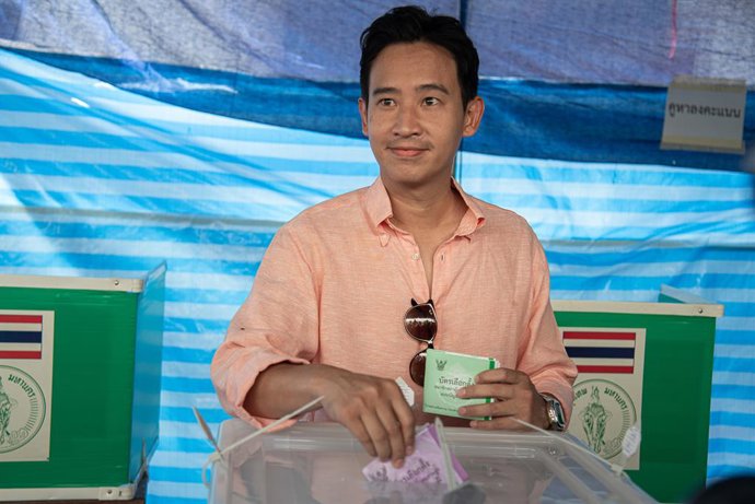 May 14, 2023, Bangkok, Thailand: Pita Limjaroenrat, the Move Forward Party and candidate for prime minister casts his vote at a polling station during Thailand's general election.