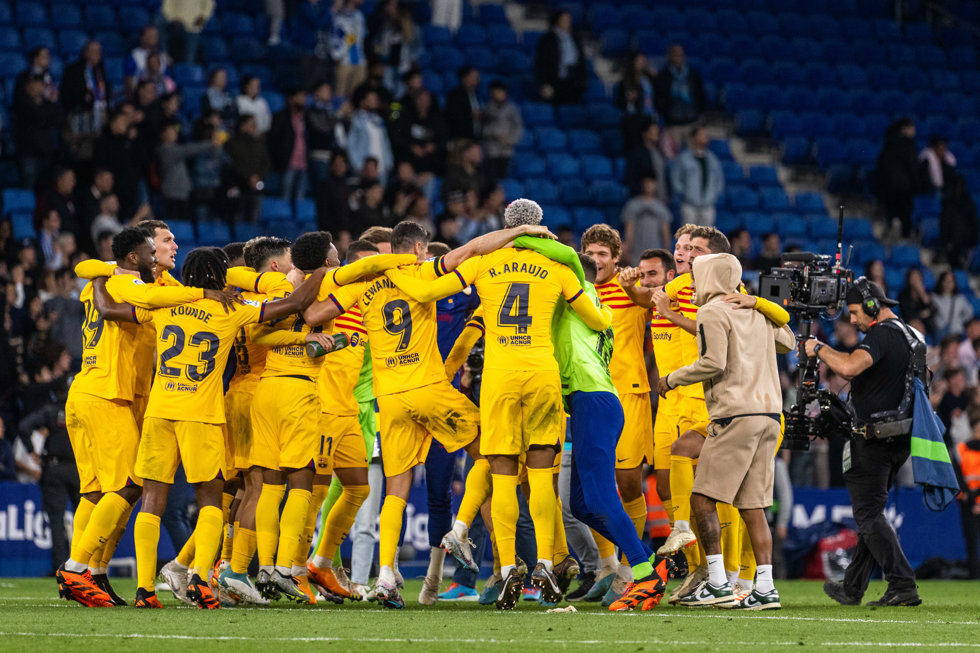 FC Barcelona team celebrating La Liga championship during the spanish league, La Liga Santander, football match played between RCD Espanyol and FC Barcelona  at RCD Stadium on May 14, 2023, in Barcelona, Spain.