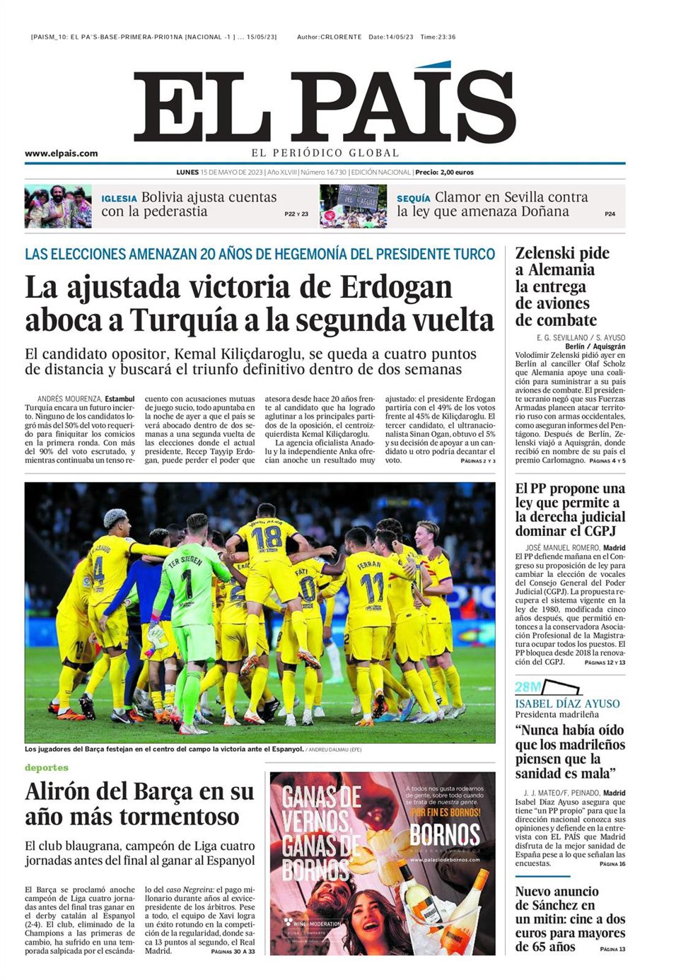 Portada de 'El País' del lunes 15 de mayo de 2023.