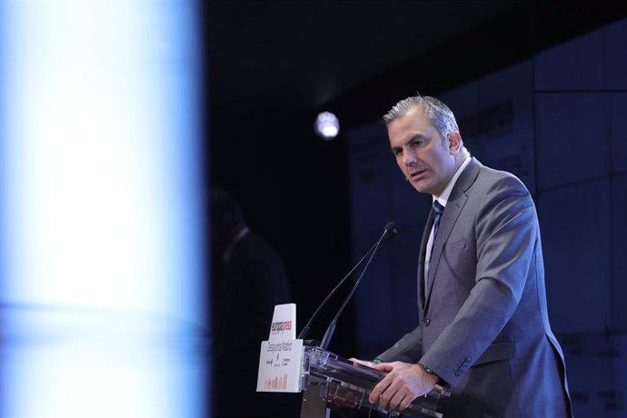 El portavoz de Vox en el Ayuntamiento de Madrid, Javier Ortega Smith, protagoniza un desayuno Madrid de Europa Press, en el Auditorio Meeting Place, a 8 de mayo de 2023, en Madrid, (España).