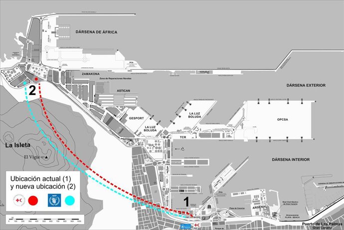Mapa en el que se pueden ver la actual ubicación de las naves de Cruz Roja y del Programa Mundial de Alimentos así como el nuevo enclave al que podrán desplazarse entre 2024 y 2025, tras lo que comenzarán las obras para crear una gran zona verde