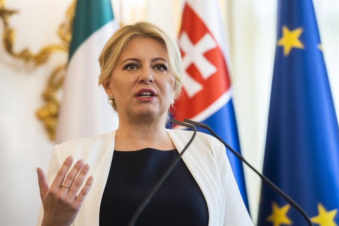 20 April 2023, Slovakia, Bratislava: Slovak President Zuzana Caputova speaks during a press conference with Italian President Sergio Mattarella (Not Pictured) after their meeting at the Presidential Palace in Bratislava. Photo: Michal Svítok/TASR/dpa