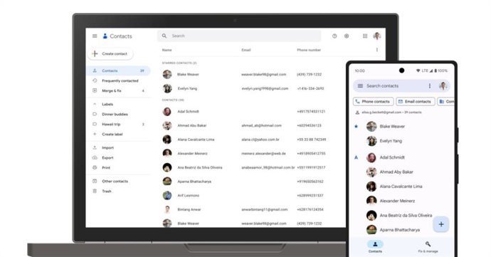 Interfaz de Google Contactos.