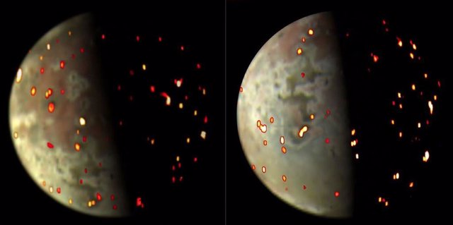 Estas vistas compuestas que representan la actividad volcánica en Io se generaron utilizando datos de luz visible e infrarrojos recopilados por la nave espacial Juno de la NASA durante sobrevuelos de Io