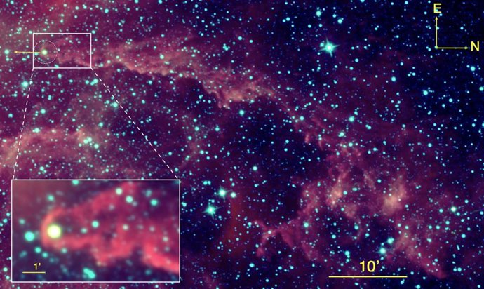 Imagen infrarroja de UJT-1 y la estela que deja a su paso obtenida con el telescopio espacial WISE. La ampliación inferior muestra con más detalle el frente de choque formado alrededor de la estrella