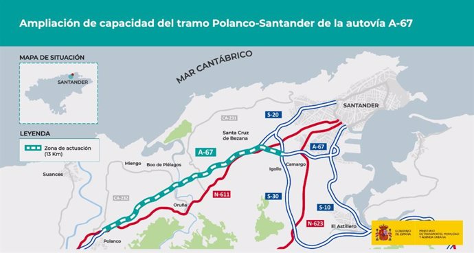 Infografía de la actuación del tercer carril de la A-67 entre Polanco y Santander