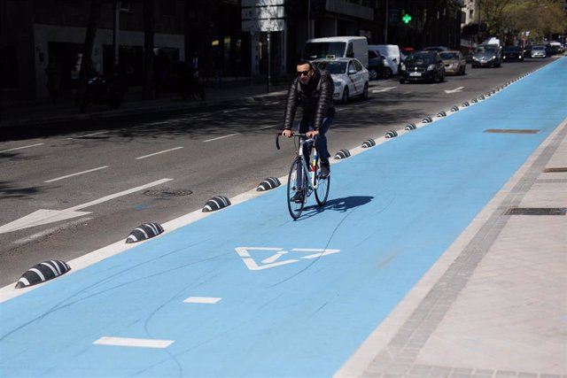 Archivo - Un ciclista circula por el nuevo carril bici del Paseo de la Castellana, a 3 de abril de 2023, en Madrid (España).